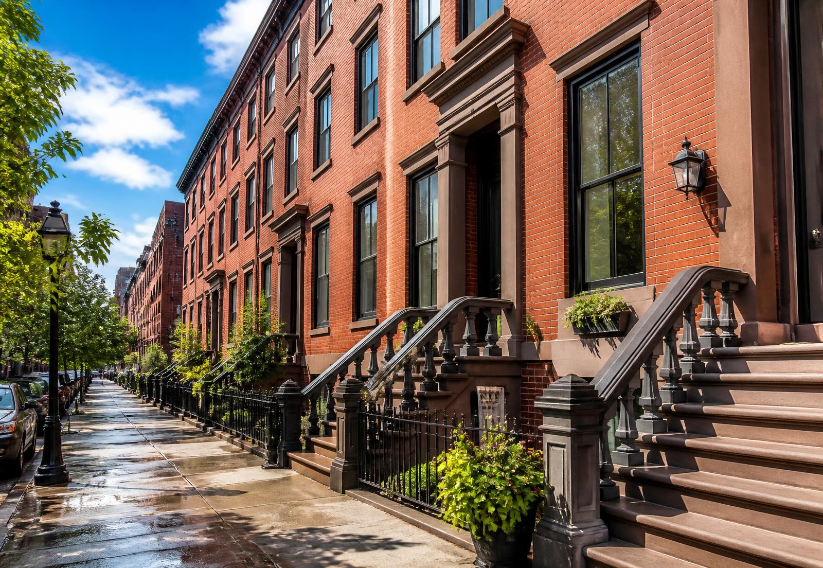 Freshly cleaned Hoboken brownstone row houses with spotless windows and washed sidewalk